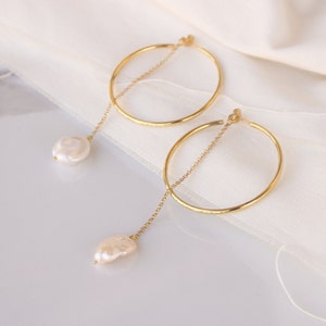 Keshi Tube Hoops, Pearl hoop chain earrings, Delicate open circle hoop earrings image 4