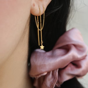 Gold Star Threader Earrings, Star Drop Earring, Long Star Chain Earrings