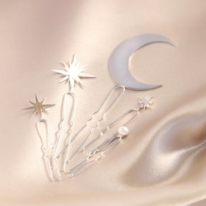 Gold Celestial sterling silver pins, Wedding bride pin set, Hair pins for women image 7
