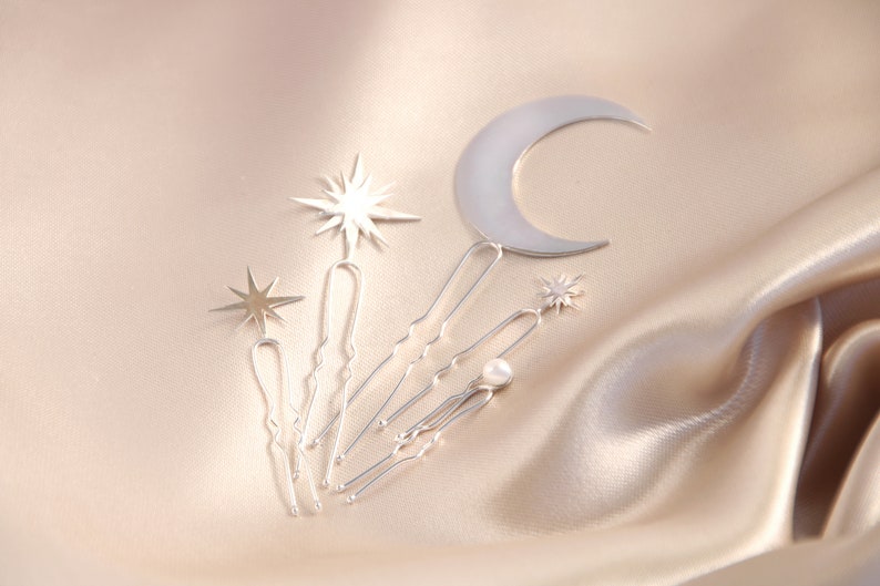 Gold Celestial sterling silver pins, Wedding bride pin set, Hair pins for women image 7