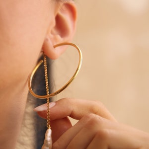 Keshi Tube Hoops, Pearl hoop chain earrings, Delicate open circle hoop earrings image 7