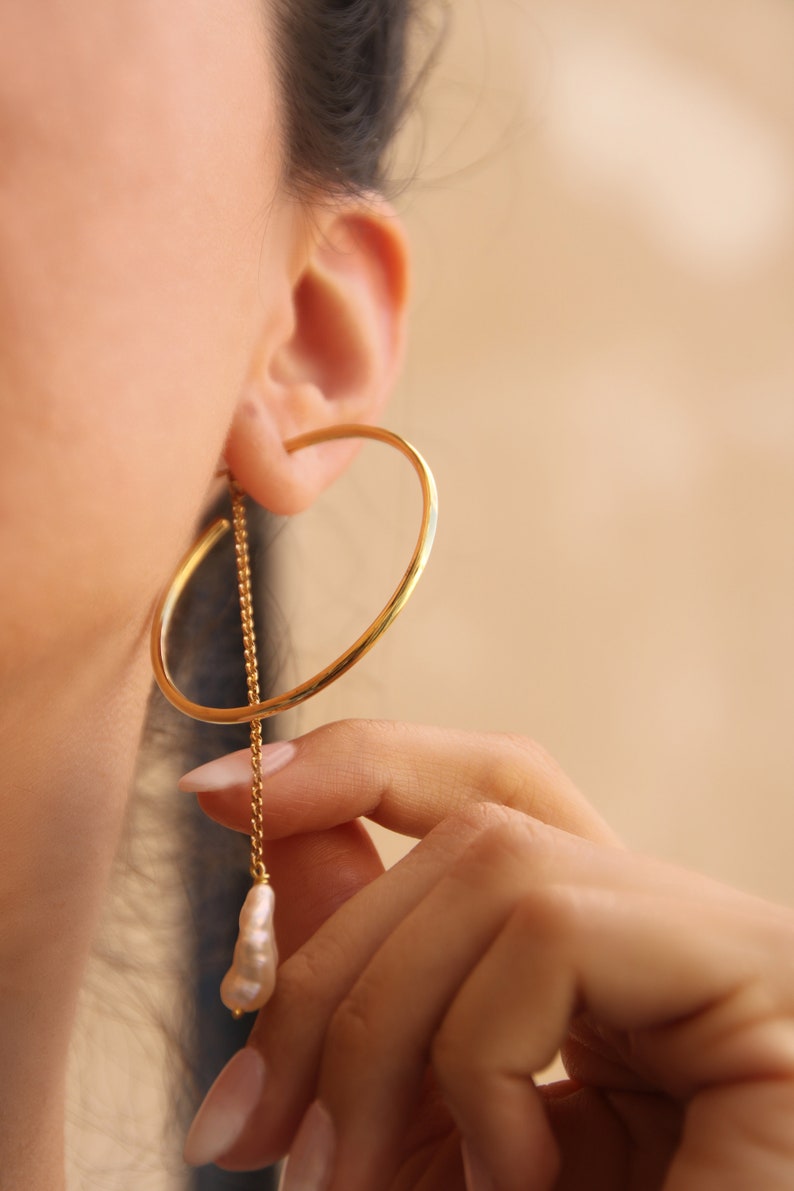 Keshi Tube Hoops, Pearl hoop chain earrings, Delicate open circle hoop earrings image 7