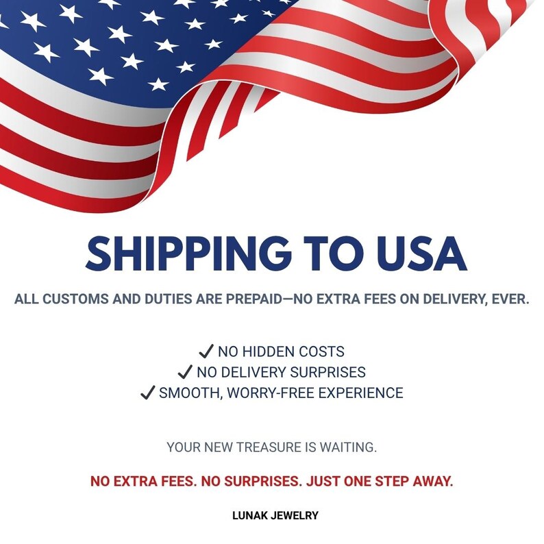 May include: Image features the American flag waving over text that reads "SHIPPING TO USA." Additional text promises no hidden costs, no delivery surprises, and a smooth, worry-free experience. The text also states "Your new treasure is waiting."