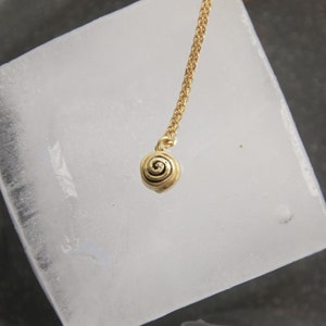 Op de afbeelding: Een goudkleurige ketting met een kleine, spiraalvormige hanger. De hanger hangt aan een fijne ketting. De ketting wordt gepresenteerd tegen een lichtgekleurde, getextureerde achtergrond.