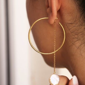 Keshi Tube Hoops, Pearl hoop chain earrings, Delicate open circle hoop earrings image 3