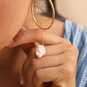 Keshi Tube Hoops, Pearl hoop chain earrings, Delicate open circle hoop earrings image 8