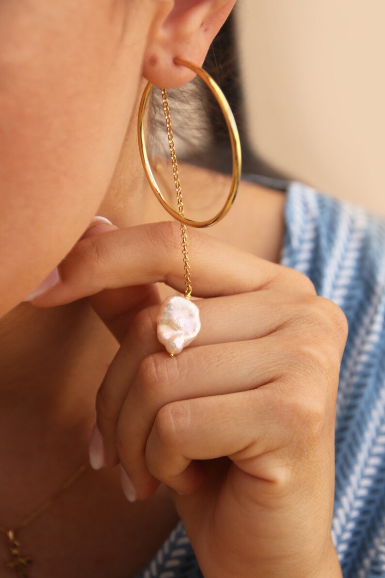 Keshi Tube Hoops, Pearl hoop chain earrings, Delicate open circle hoop earrings image 8