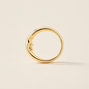 Pode incluir: Um anel dourado com um design de lua crescente com um rosto detalhado. O anel é circular e tem um acabamento liso e polido. O rosto da lua é intrincadamente esculpido, adicionando um toque único à joia.