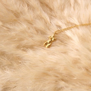 Peut inclure: Un collier en or avec un petit pendentif en forme de silhouette humaine abstraite. Le collier est pos&eacute; sur un lit de plumes douces et blanches.