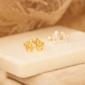 May include: A pair of gold-colored horse stud earrings, with a second pair in silver in the background. The earrings are detailed with the shape of a horse. The earrings are displayed on a white surface.