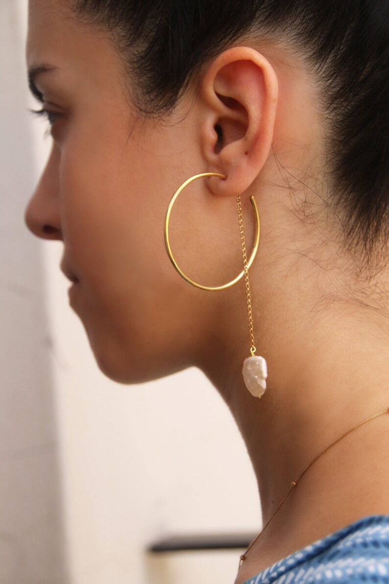 Keshi Tube Hoops, Pearl hoop chain earrings, Delicate open circle hoop earrings image 1