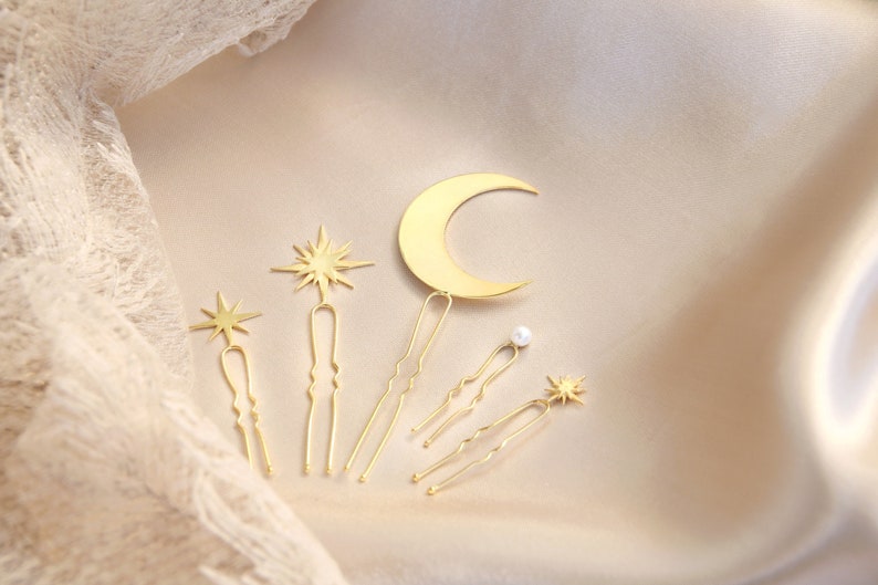 Gold Celestial sterling silver pins, Wedding bride pin set, Hair pins for women image 1