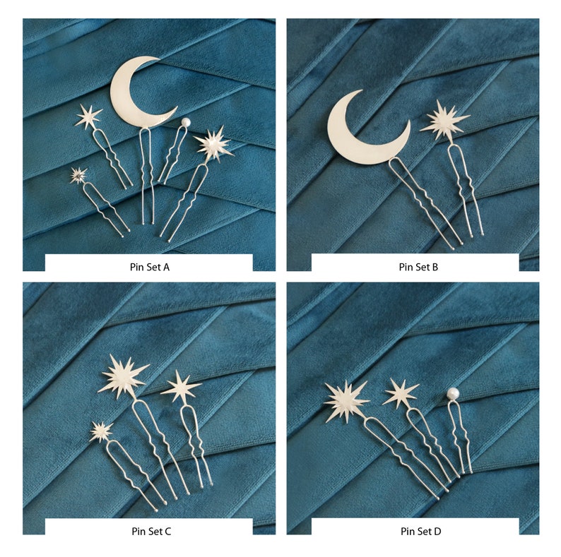 Gold Celestial sterling silver pins, Wedding bride pin set, Hair pins for women image 10