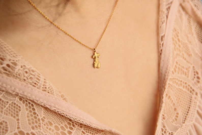 Peut inclure: Un collier en or avec un petit pendentif en forme de silhouette abstraite. Le collier est port&eacute; par une personne avec un haut en dentelle rose clair.