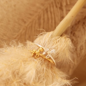 May include: Two rings, one gold and one silver, each featuring a carousel horse design. The rings are set against a soft, feathery background, creating a whimsical and elegant aesthetic. The gold ring has a warm, lustrous finish.