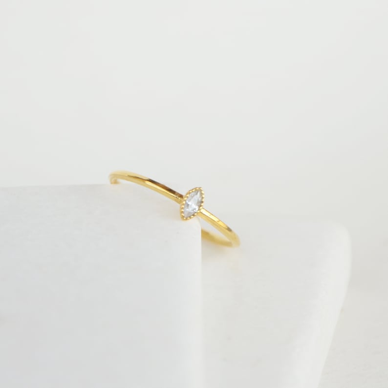Dainty skinny stacking ring Minimalist gemstone sterling silver ring Tiny marquise ring