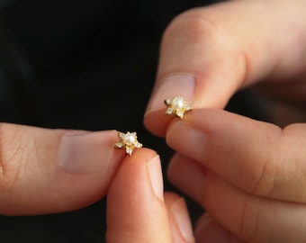 Pavé Pearl Star Stud Earrings – Gold Dainty Topaz Celestial Studs – USA Duties Included
