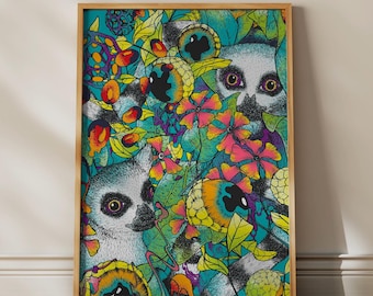 Surrealist Lemur Monkey Poster Hand-drawn, surreal abstract animal art with coffee beans Botanical art