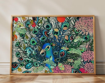 Imaginative maximalist peacock poster colorful bird art print children's room colorful peacock