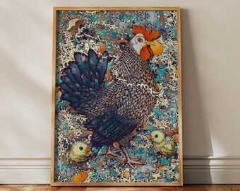 Hand drawn rooster poster nursery wall art farm animals cute chicks chickens