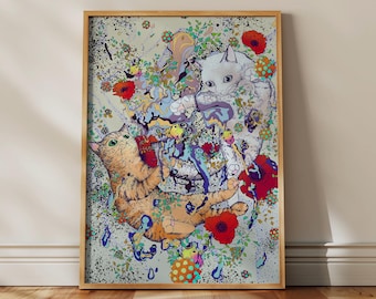Friendly Pop Space Cats Art Print Bright Surreal Poster Nursery Botanical Wall Decor