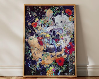 Space cats surrealism botanical poster with red poppy and colorful insects mystical and for boho children's room and living area