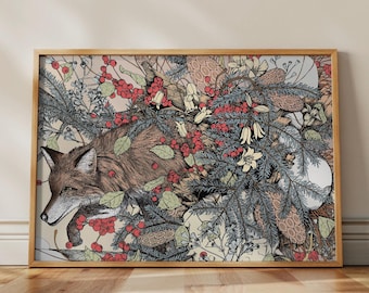 Fox Poster - Red fox in a pine forest. Relaxing poster with autumnal colors, 50x70 cm horizontal.