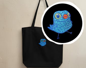 Blue bird fabric bag made of organic cotton – embroidered shopping bag with bird motif, sustainable tote bag gift for bird lovers.