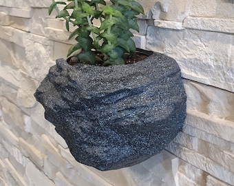 Black Granite Stone Look Wall Planter: 22cm 3D Printed Succulent Pot