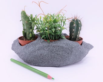 Granite Stone Look Succulent Planter - Rock Shape 3-Pot Table Centerpiece