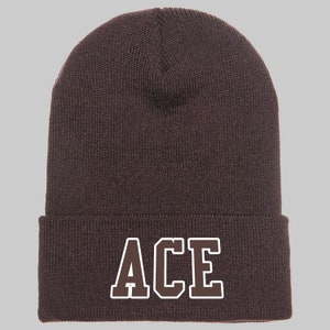 May include: A dark brown beanie with the word "ACE" in white block letters. The beanie is made of a knitted material and has a folded brim. The text is centered on the front of the hat.