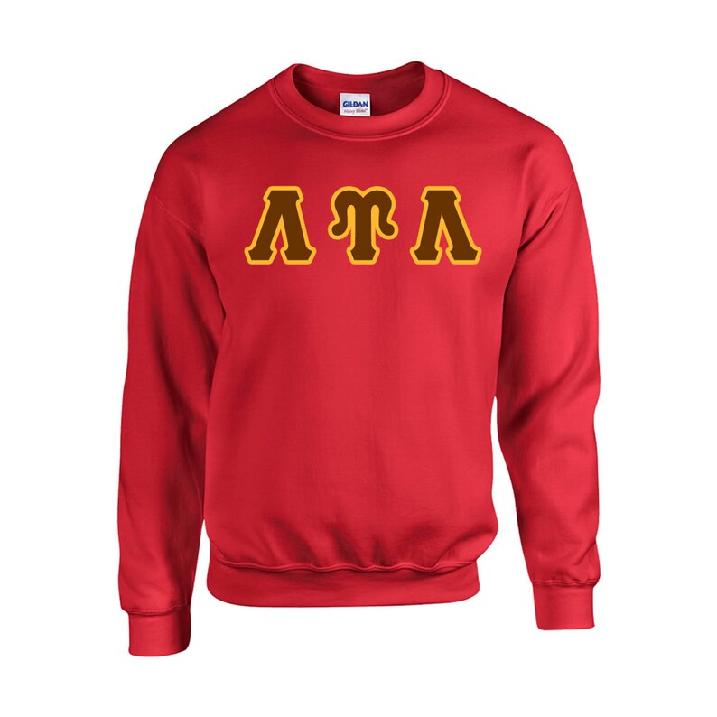 May include: Red sweatshirt with the letters "&Lambda;&Gamma;&Lambda;" in brown with a yellow outline.
