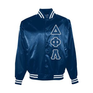 May include: A navy blue satin jacket with white trim on the collar, cuffs, and hem. The jacket features a button-up front and white Greek letters on the left chest. The letters are Delta, Phi, and Lambda.