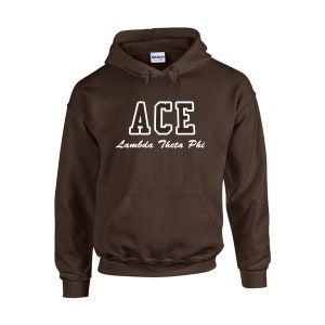 May include: A brown hooded sweatshirt with the word "ACE" in white block letters outlined in white, above the words "Lambda Theta Phi" in a cursive font. The sweatshirt has a front pocket and a hood.