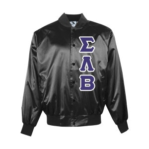 May include: Black satin varsity jacket with purple and white Greek letters ΣΛB. The jacket has a button-up front, black ribbed cuffs, and a black ribbed hem. The jacket is a classic style.