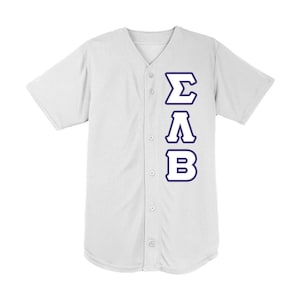 May include: White baseball jersey with a navy blue outline of the Greek letters "ΣΑΒ" on the front.