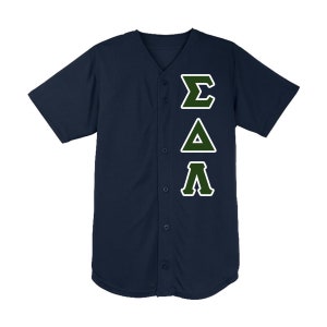 May include: Navy blue baseball jersey with a button-up front and short sleeves. The jersey features the Greek letters Sigma, Delta, and Lambda in green with white outlines on the front. The jersey is displayed on a white background.