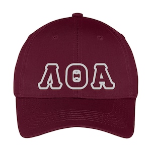 May include: A maroon baseball cap with a white embroidered Greek letter design that reads "AOA".