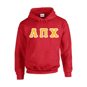 May include: A red hooded sweatshirt with a kangaroo pocket and a drawstring hood. The sweatshirt features the Greek letters ΛΠΧ in yellow with a white outline across the chest.