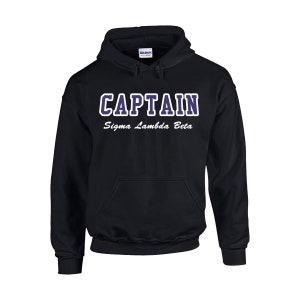 May include: Black hooded sweatshirt with the word "CAPTAIN" in white letters with a purple outline. Below the word "CAPTAIN" is the text "Sigma Lambda Beta" in white. The sweatshirt has a front pocket and a hood.