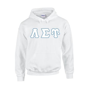 May include: White hooded sweatshirt with a blue outline of the Greek letters "ΛΣΓ" on the front.