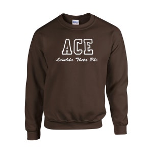 May include: Brown sweatshirt with white text that reads "ACE Lambda Theta Phi".