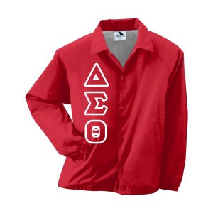 May include: A bright red jacket with a button-up front and a collar. White Greek letters are vertically aligned on the left side. The jacket is made of a lightweight material, suitable for layering.