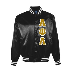 May include: Black satin varsity jacket with white and black striped ribbing. The jacket has a gold Greek letter design on the front: AΨΛ.