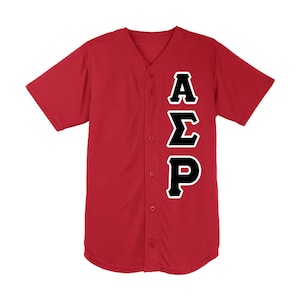 May include: A red baseball jersey with short sleeves and a button-up front. The jersey features the letters "AΣP" in black with a white outline on the front.