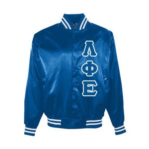 May include: A royal blue satin jacket with white trim on the collar, cuffs, and waist. The jacket features the Greek letters ΛΦΕ in white, vertically aligned on the left chest. The jacket has a button-up front.