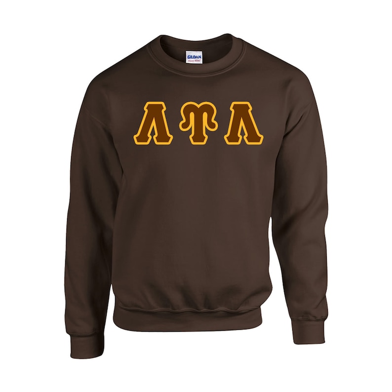 May include: A brown long-sleeve sweatshirt with the letters "&Lambda;&Gamma;&Lambda;" in gold outlined in brown.