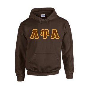 May include: Brown hooded sweatshirt with a gold Greek letter fraternity symbol "ΛΓΛ" printed on the front.