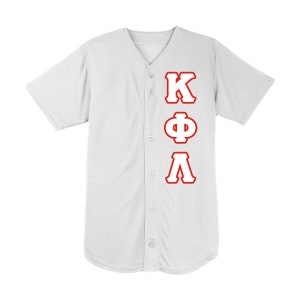 May include: White baseball jersey with a button-up front and short sleeves. The jersey features the red Greek letters K, Φ, and Λ vertically down the front. The letters have a red outline.