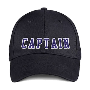 May include: A black baseball cap with a navy blue embroidered word "CAPTAIN" on the front.